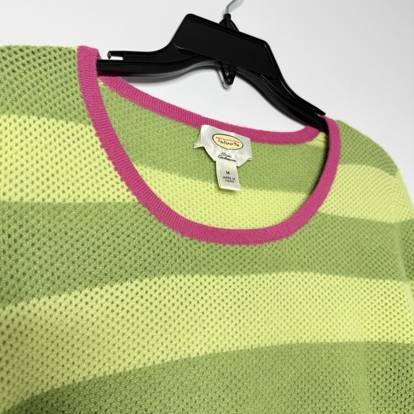 Talbots 100%Pure Cashmere Sweater Women's Sz M Green Striped Pink Trim Open Knit - Picture 7 of 14